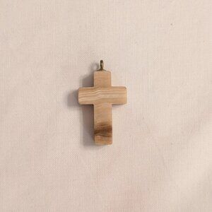 VTG Lucite Cross Pendant Necklace Wooden Look Neutral Tone 3D Christian Faith